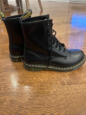 Dr. Martens Black Leather Combat Boots with Yellow Stitching